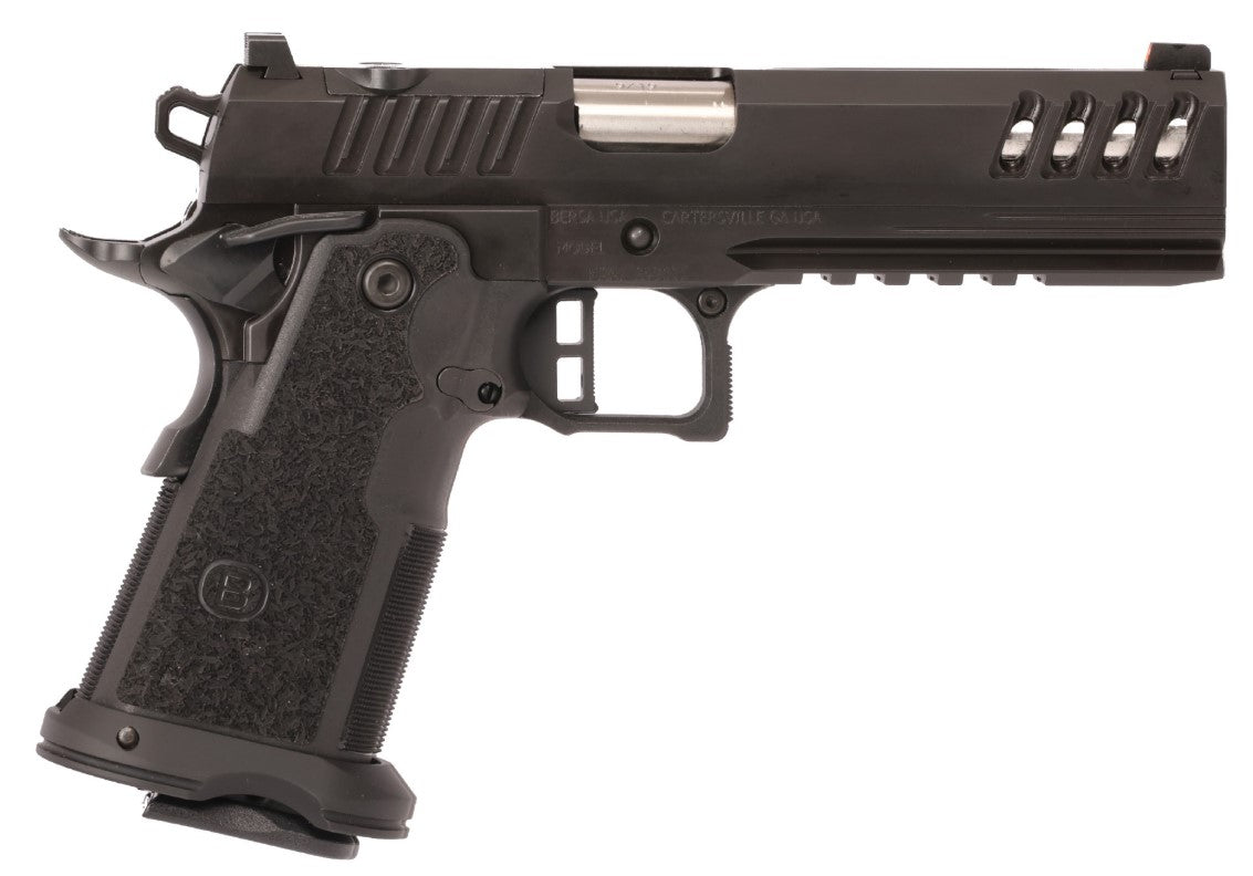 Bersa M2XIO5BBFN M2XI 9mm Luger 22+1 5" Match Grade Bull Barrel, QPQ Tenifer Cerakote Lightening Cut/Optic Cut/Serrated Steel Slide & Frame w/Beavertail & Picatinny Rail, Black Polymer Grip