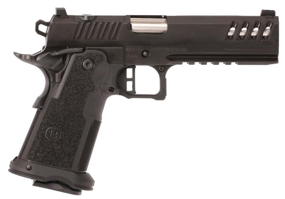 Bersa M2XIO5BBFN M2XI 9mm Luger 22+1 5" Match Grade Bull Barrel, QPQ Tenifer Cerakote Lightening Cut/Optic Cut/Serrated Steel Slide & Frame w/Beavertail & Picatinny Rail, Black Polymer Grip