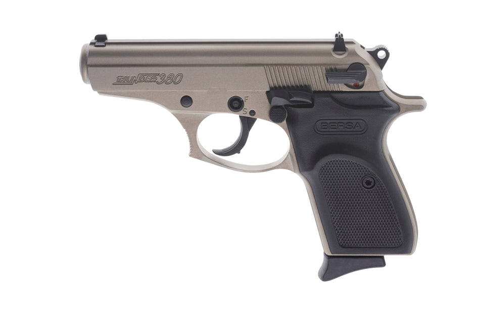 Bersa T380NKL8 Thunder Micro-Compact Frame 380 ACP 8+1, 3.50" Satin Nickel Steel Barrel, Serrated Steel Slide & Aluminum Frame