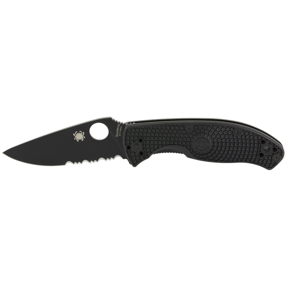 Spyderco C122PSBBK Tenacious Lightweight 3.39" Folding Knife Part Serrated Black Oxide 8Cr13MoV Blade Black FRN Handle Pocket Clip