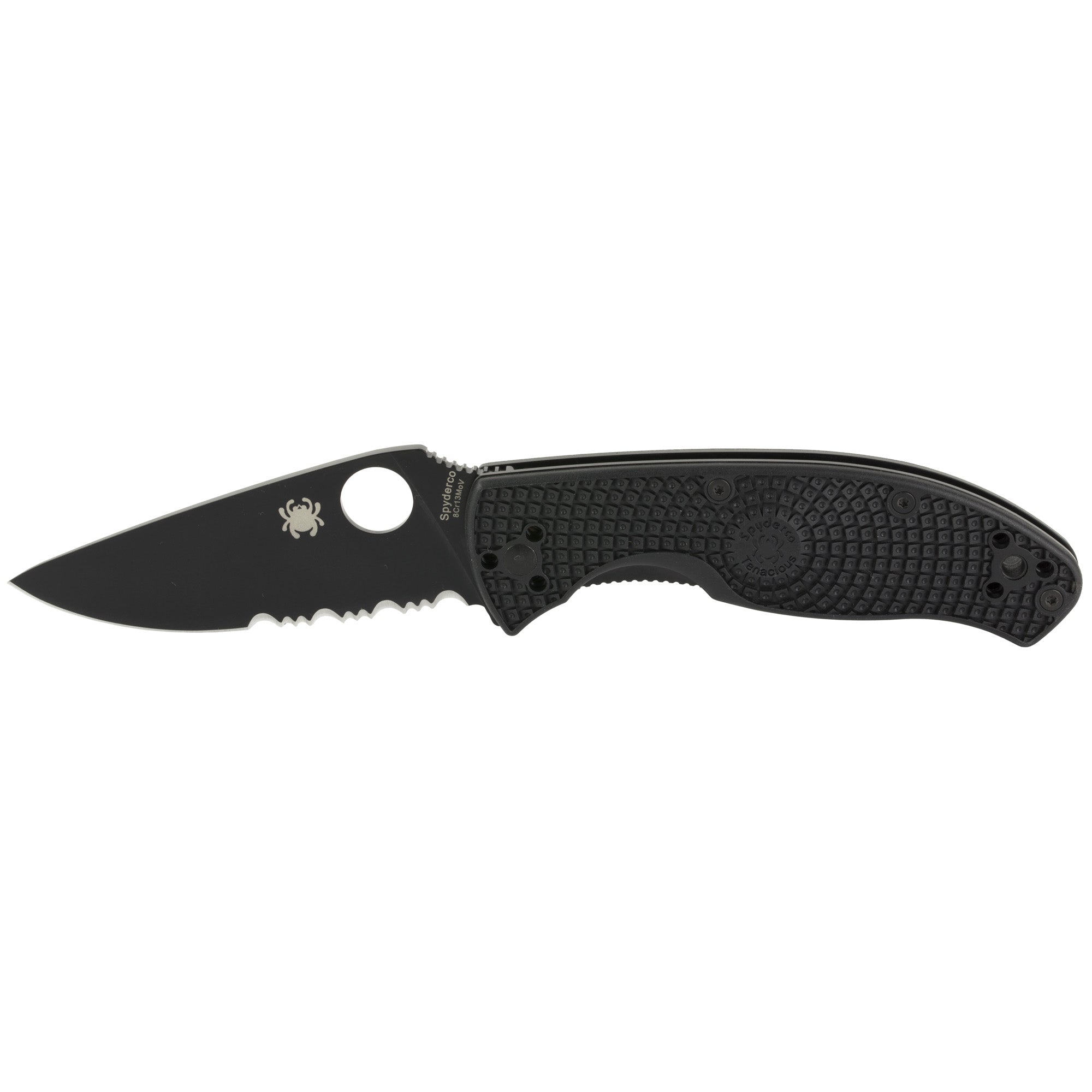 Spyderco C122PSBBK Tenacious Lightweight 3.39" Folding Knife Part Serrated Black Oxide 8Cr13MoV Blade Black FRN Handle Pocket Clip
