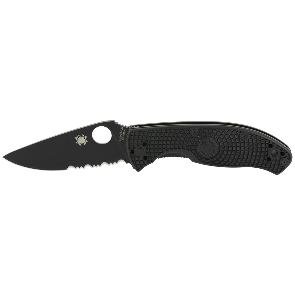 Spyderco C122PSBBK Tenacious Lightweight 3.39" Folding Knife Part Serrated Black Oxide 8Cr13MoV Blade Black FRN Handle Pocket Clip