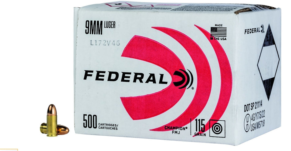 Federal 9mm Luger/Parabellum C9115A500 Champion Training Full Metal Jacket FMJ 115 Grain