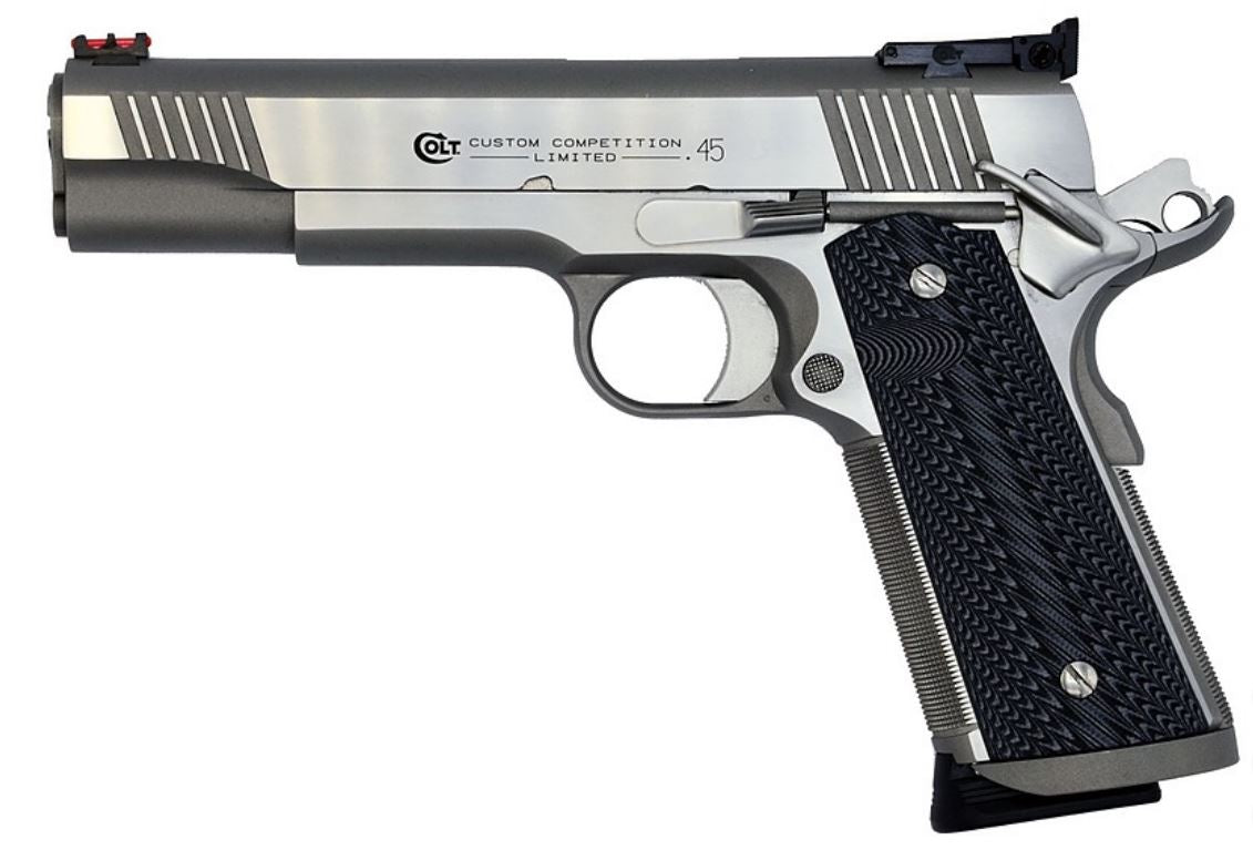 Colt Mfg O1072CS Custom Competition 9mm Luger 9+1 5" Stainless National Match Barrel, Blued Serrated Steel Slide, Stainless Steel Frame w/Beavertail, Black/Gray Scalloped G10 Grip, Ambidextrous