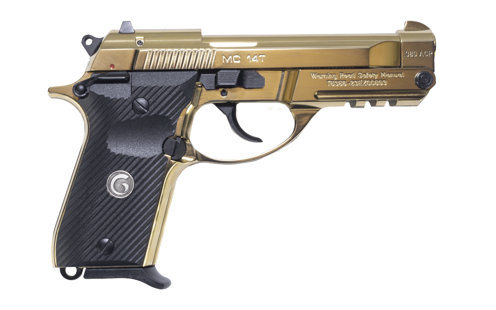 Girsan 390870 MC 14T Solution Compact Frame 380 ACP 13+1 4.50" Gold Plated PVD Steel Tip-Up Barrel, Gold Plated Serrated Steel Slide, Gold Plated Aluminum Frame w/Picatinny Rail, Black Polymer Grip