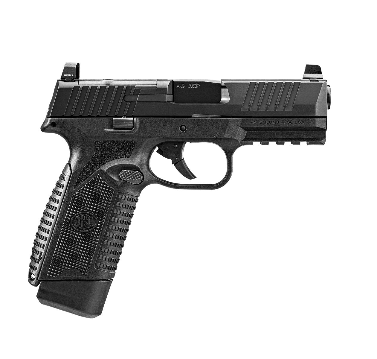 FN 66101389 545 MRD Full Size 45 ACP 10+1 4.10" Black Target Crown Steel Barrel, Black PVD Optic Cut/Serrated Steel Slide & Polymer Frame w/Picatinny Rail, Ambidextrous