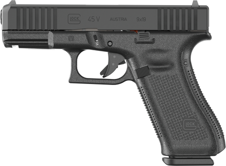 Glock PV4550203 G45 V Crossover 9mm Luger 17+1 4.02" Black GMB Barrel, Black nDLC Steel Serrated Slide, Black Polymer Frame w/Accessory Rail, Textured polymer Grip, Ambidextrous