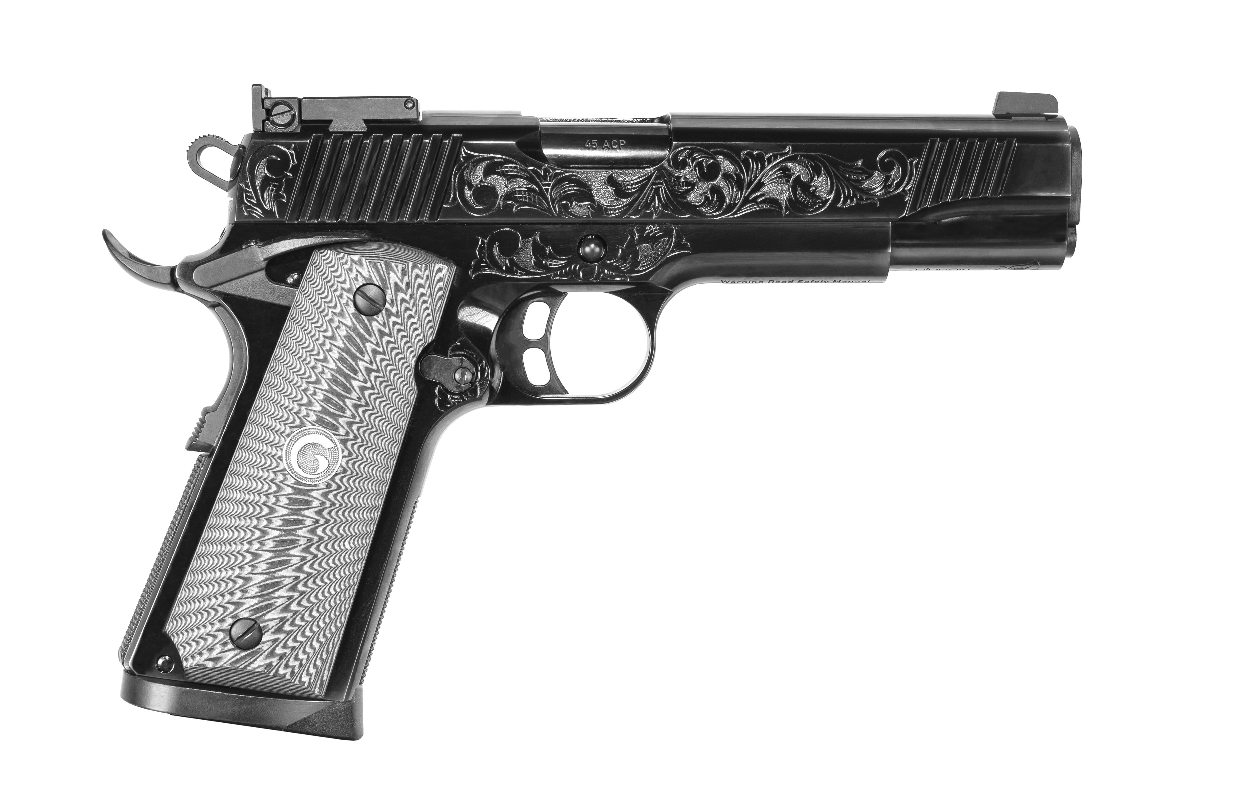 EAA GIRSAN 390098 MC1911 S Lux Full Size 45 ACP 8+,1 5" Black Steel Barrel, Black Chrome w/Engraving Serrated Slide, Black Chrome Engraved Steel Frame w/Beavertail, G10 Grips Ambidextrous