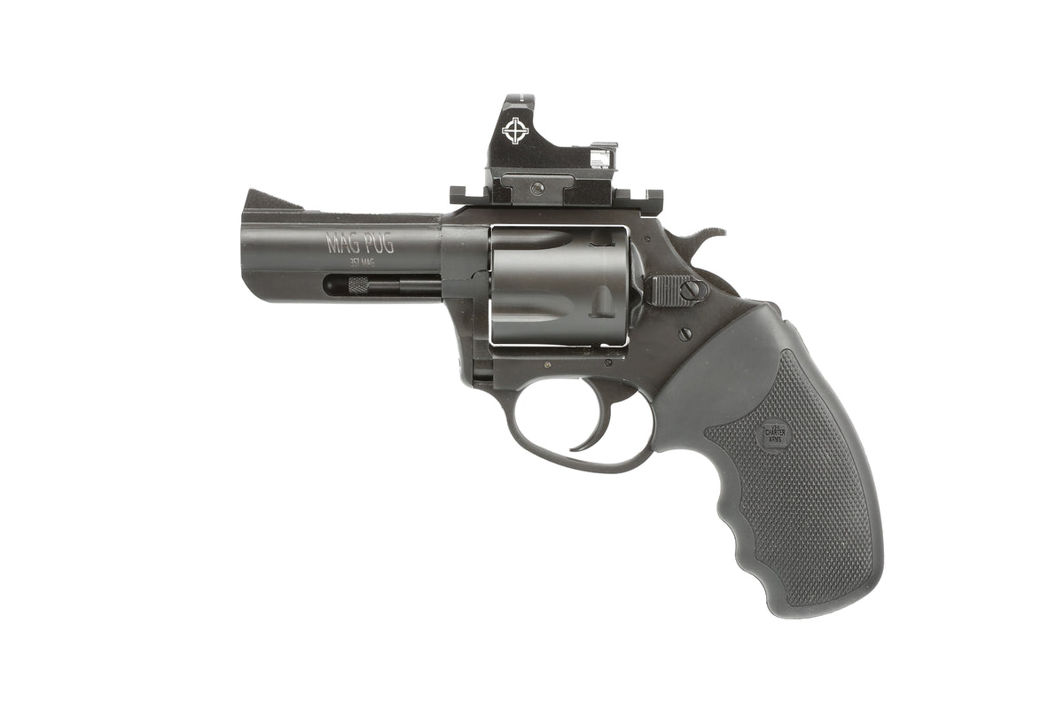 Charter Arms 13535 Mag Pug Large 357 Mag 5 Shot, 3" Black Passivate Steel Barrel & Cylinder, Black Passivate Steel w/Picatinny Rail Frame. Black Combat Rubber Grip, Includes Micro Optic