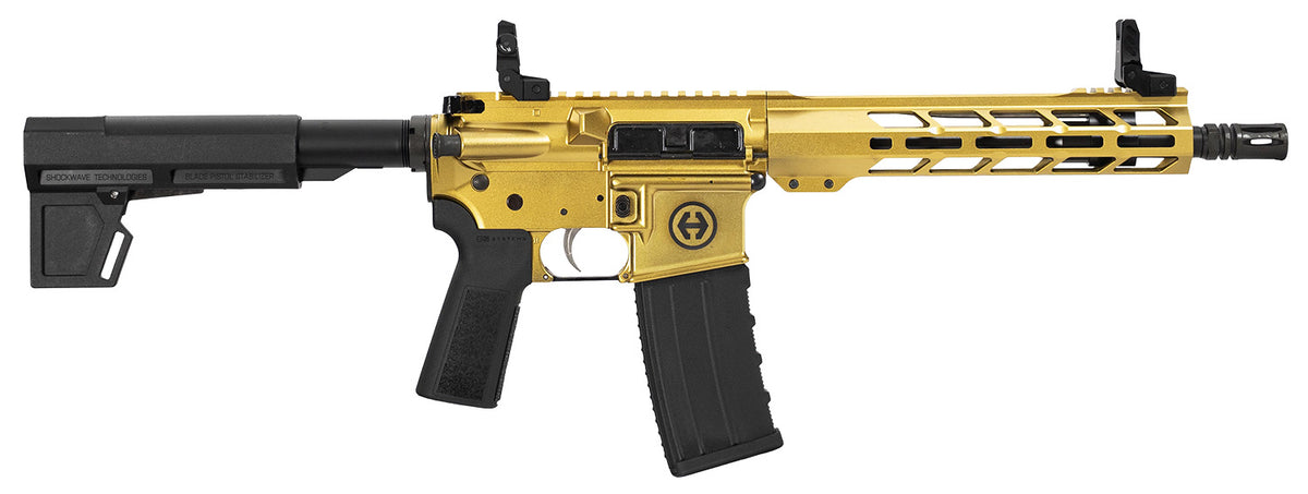 Hi-Point HP15P-300BLKGOLD HP 15P 300 Blackout 30+1 10.50" Black Threaded Barrel, Gold Aluminum Receiver w/Picatinny Rail, M-LOK Handguard, Blade Black Polymer Brace, Black B5 P Type 23 Grip
