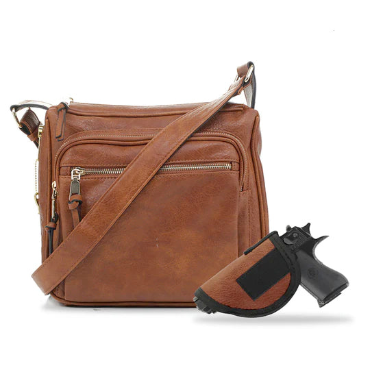 Jessie & James Brooklyn Concealed Carry Lock & Key Crossbody Handbag Tan 9.5Hx10.5Wx3.5D