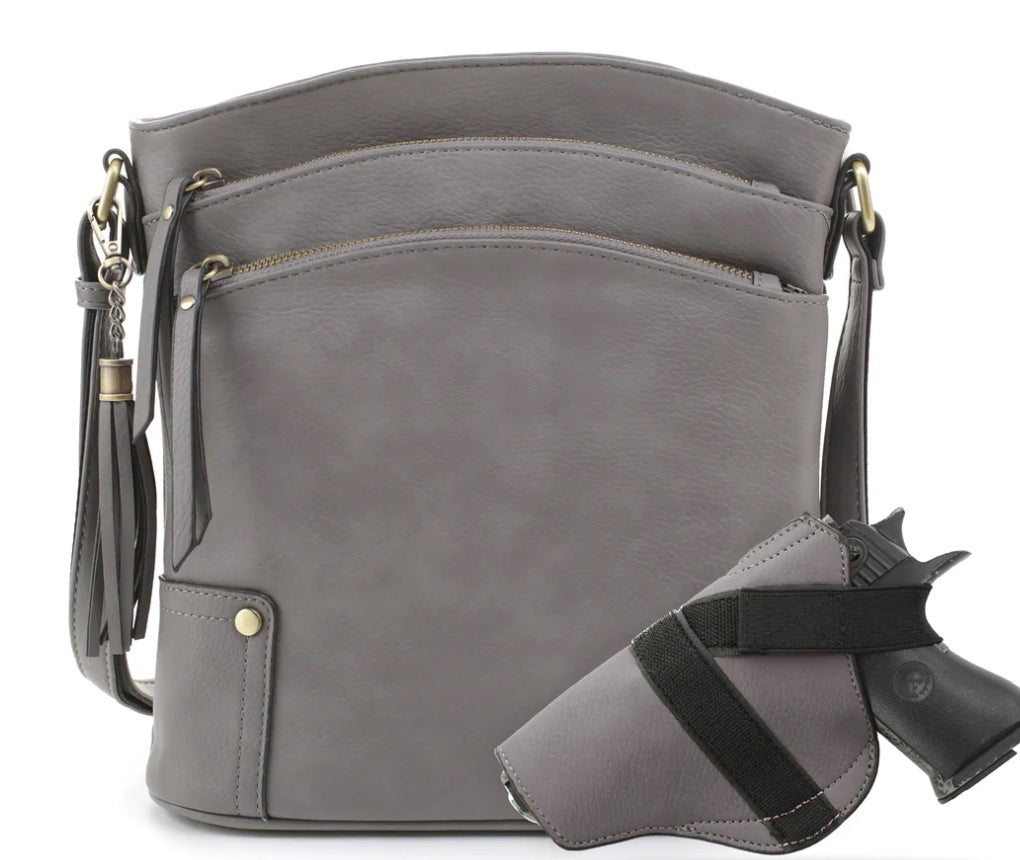 Jessie & James Robin Concealed Carry Lock & Key Crossbody Handbag Grey 11Hx10.25Wx3D
