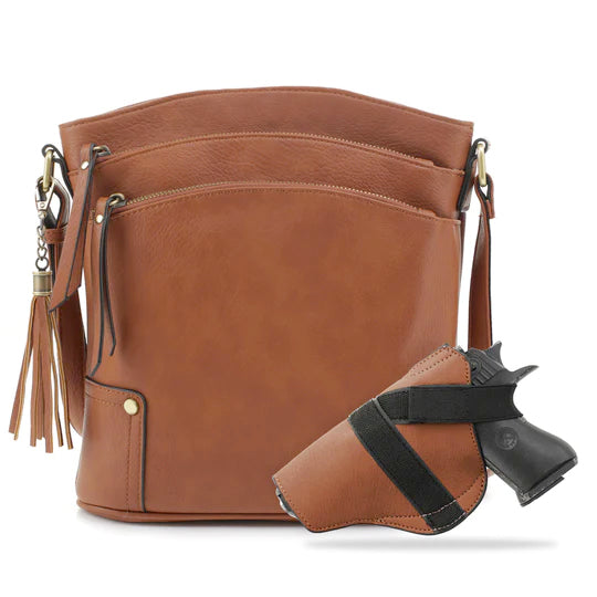 Jessie & James Robin Concealed Carry Lock & Key Crossbody Handbag Tan 11Hx10.25Wx3D