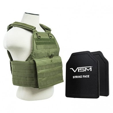NcStar Plate Carrier Vest OD Green with Two 10x12 Inch Shooter Cut Hard PE Ballistic Panels