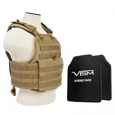 NcStar Plate Carrier Vest Tan with Two 10"x12" Shooter Cut Hard PE Ballistic Panels