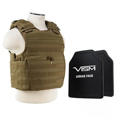 NCSTAR Expert Plate Carrier Vest Tan with Two 10x12 Shooter Cut Hard PE Ballistic Panels Med-2XL