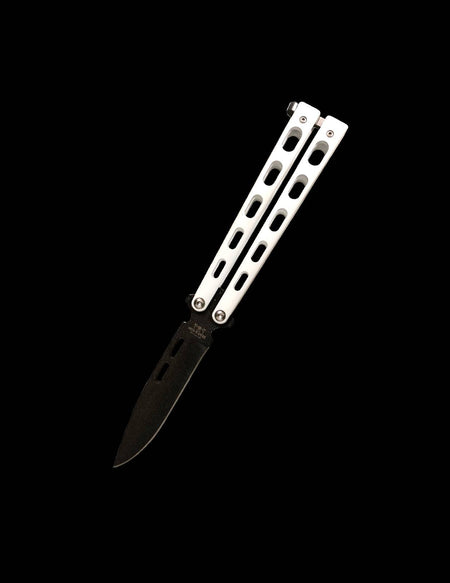 Bear & Sons 5" White Butterfly Knife 1095 Powder Coat Spear Point Blade