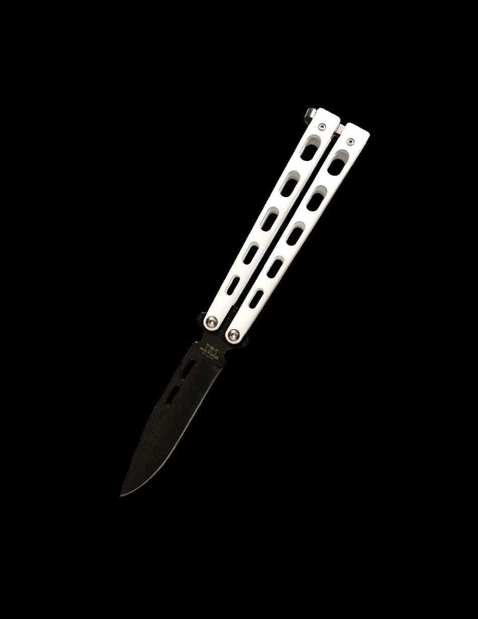 Bear & Sons 5" White Butterfly Knife 1095 Powder Coat Spear Point Blade