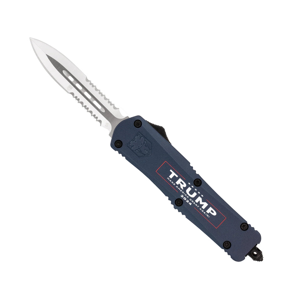 CobraTec Medium FS-3 Trump 2024 Blue Dagger 2-Side Serrated OTF Knife