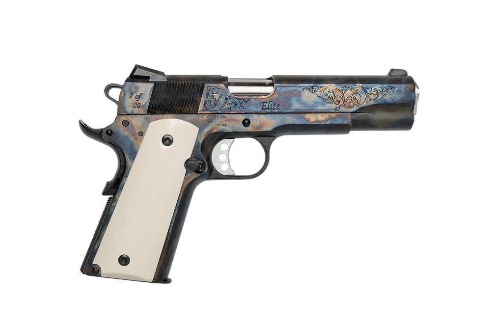 SPRINGFIELD ARMORY PRESIDENTIAL ELITE 45ACP 5" CASE COLOR HARDENED, ENGRAVED, INVORY GRIP, 20 MADE