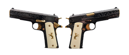 COLT 1911 GOVT 45ACP DEEP ENGRAVED, GOLD PLATED, IVORY GRIP, UPGRADED ENGRAVED TRIGGER 5" 7+1 BLUED