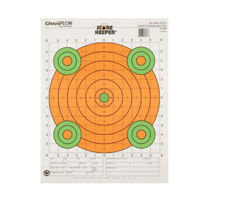 Champion Targets 45796 Score Keeper Sight-In Fluorescent Bullseye Pistol/Rifle Paper Target 100 yds Large 12 PK