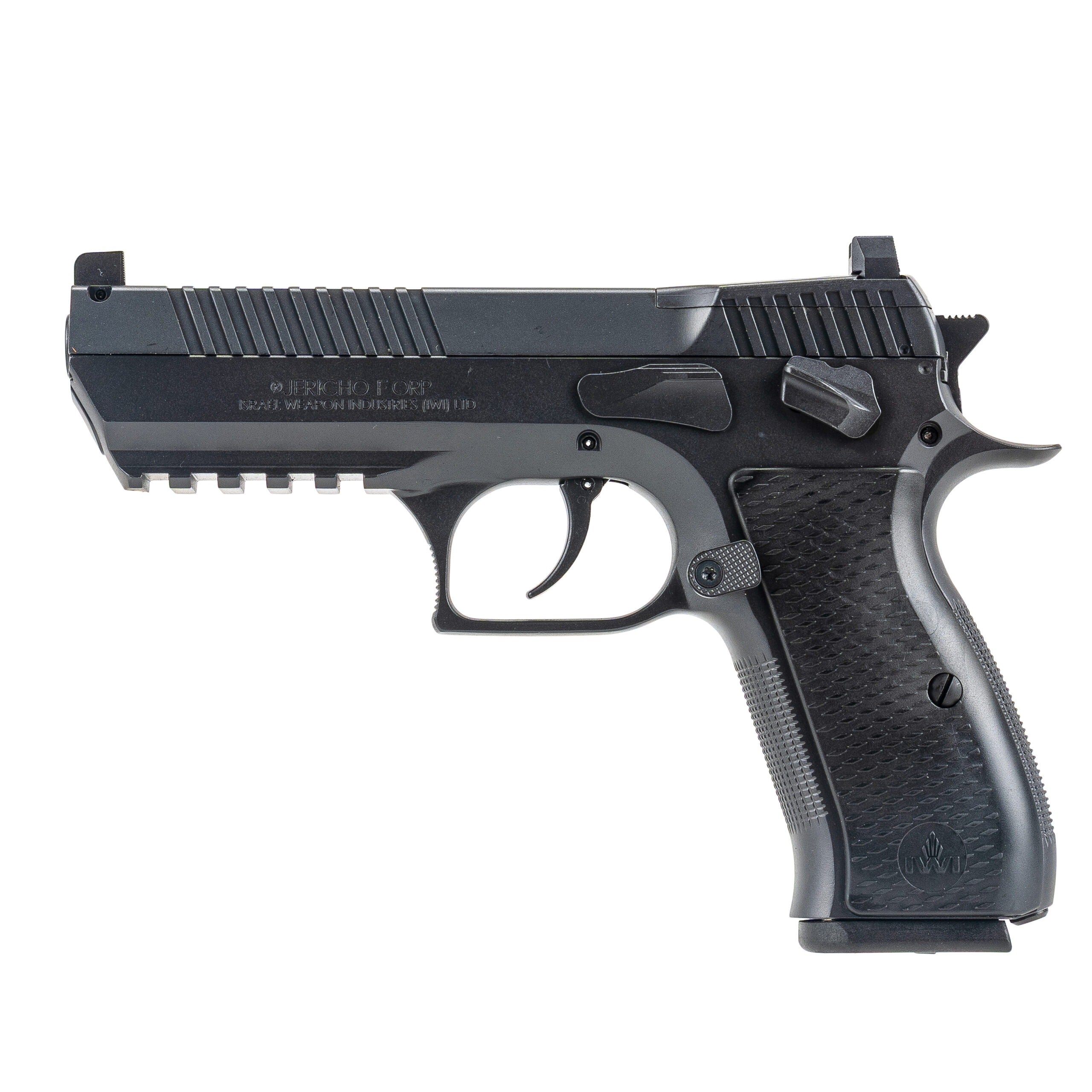 IWI US J941F9ORP Jericho 941 Full Size Frame 9mm Luger 16+1 4.40" Black Chrome Lined Steel Barrel, Black Serrated Steel Slide & Frame w/Beavertail & Picatinny Rail, Black Textured Grips