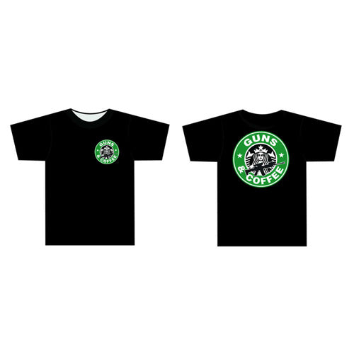 Guns and Coffee Parody T-Shirt Black Small