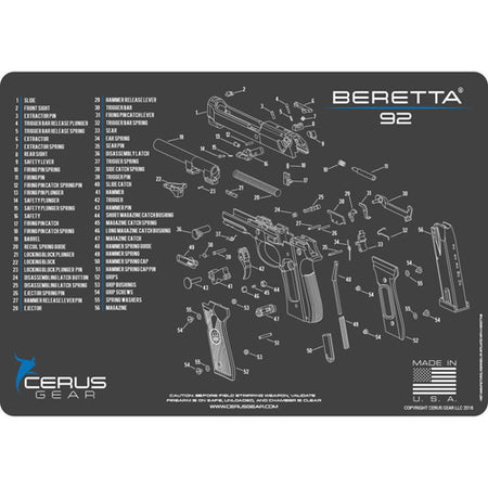 Beretta 92 Schematic Gun Cleaning Mat - Charcoal Gray