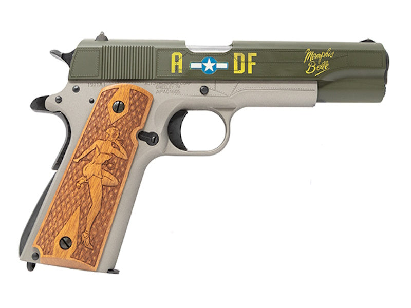 Auto-Ordnance 1911BKOC19 1911 Memphis Belle Full Size Frame 45 ACP 7+1 5" Stainless Steel Barrel, OD Green Cerakote Serrated Slide, Gray Cerakote Steel Frame w/Beavertail, Custom Engraved Wood Grip