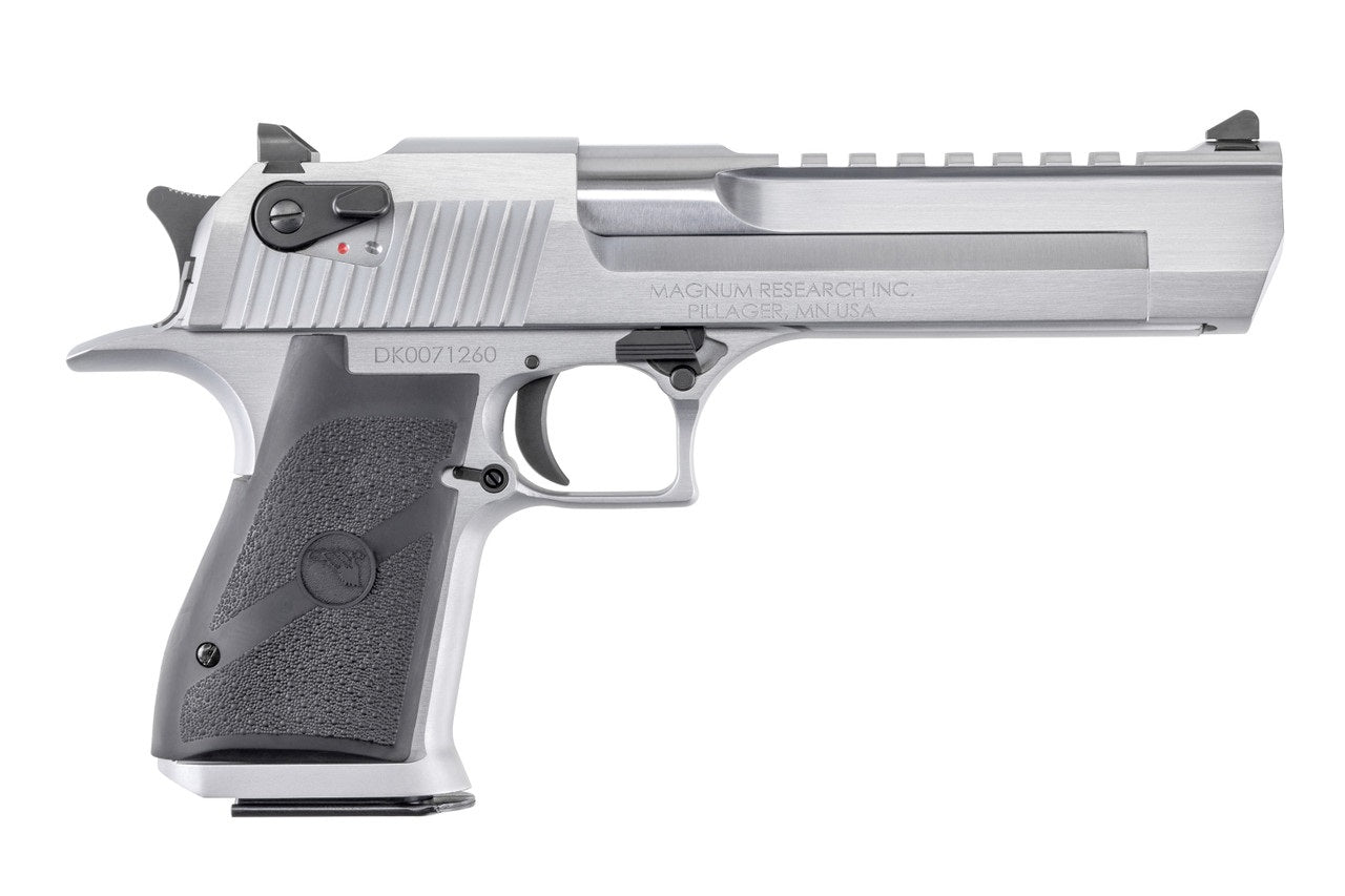 Magnum Research DE50BC Desert Eagle Mark XIX 50 AE Caliber with 6" Picatinny Rail Barrel, 7+1 Capacity, Overall Brushed Chrome Finish Carbon Steel, Beavertail Frame, Serrated Slide & Black Rubber Grip