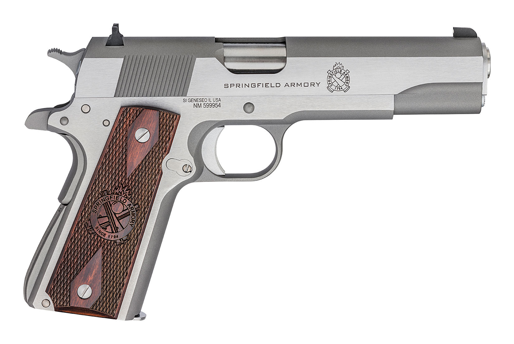 Springfield Armory PB9151LCA 1911 Mil-Spec *CA Compliant 45 ACP 7+1, 5" Stainless Match Grade Steel Barrel, Serrated Stainless Steel Slide & Frame w/Beavertail, Crossed Cannon Cocobolo Grip