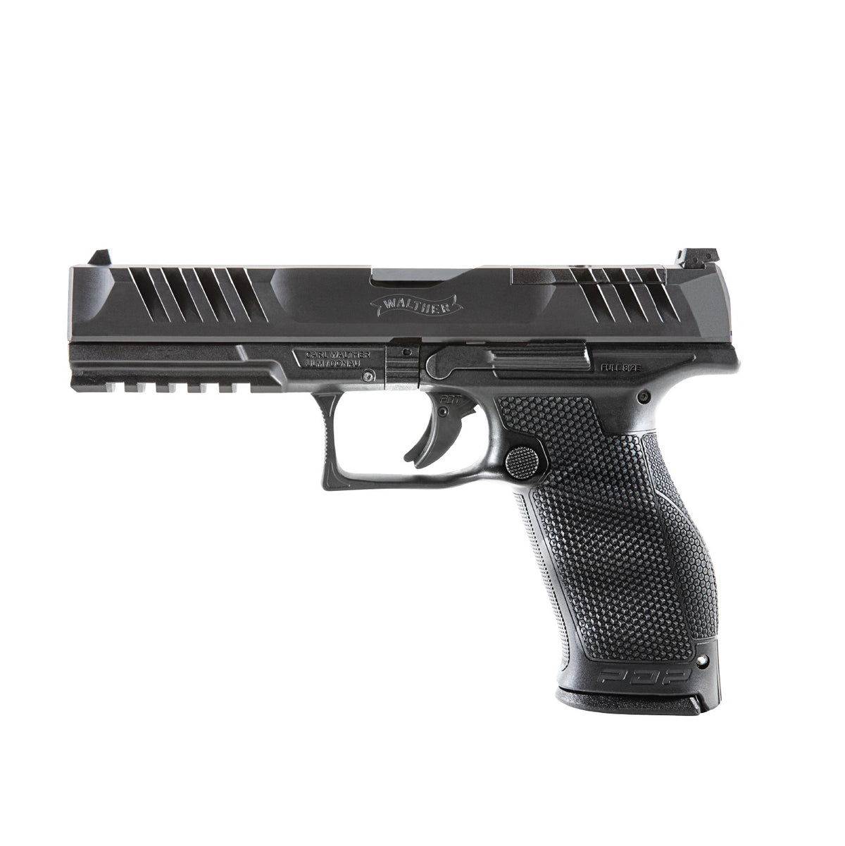 Walther Arms 2844001 PDP Optic Ready 9mm Luger Caliber with 5" Barrel, 18+1 Capacity, Black Finish Picatinny Rail Frame, Serrated/Optic Cut Black Steel Slide & Performance Duty Textured Polymer Grip