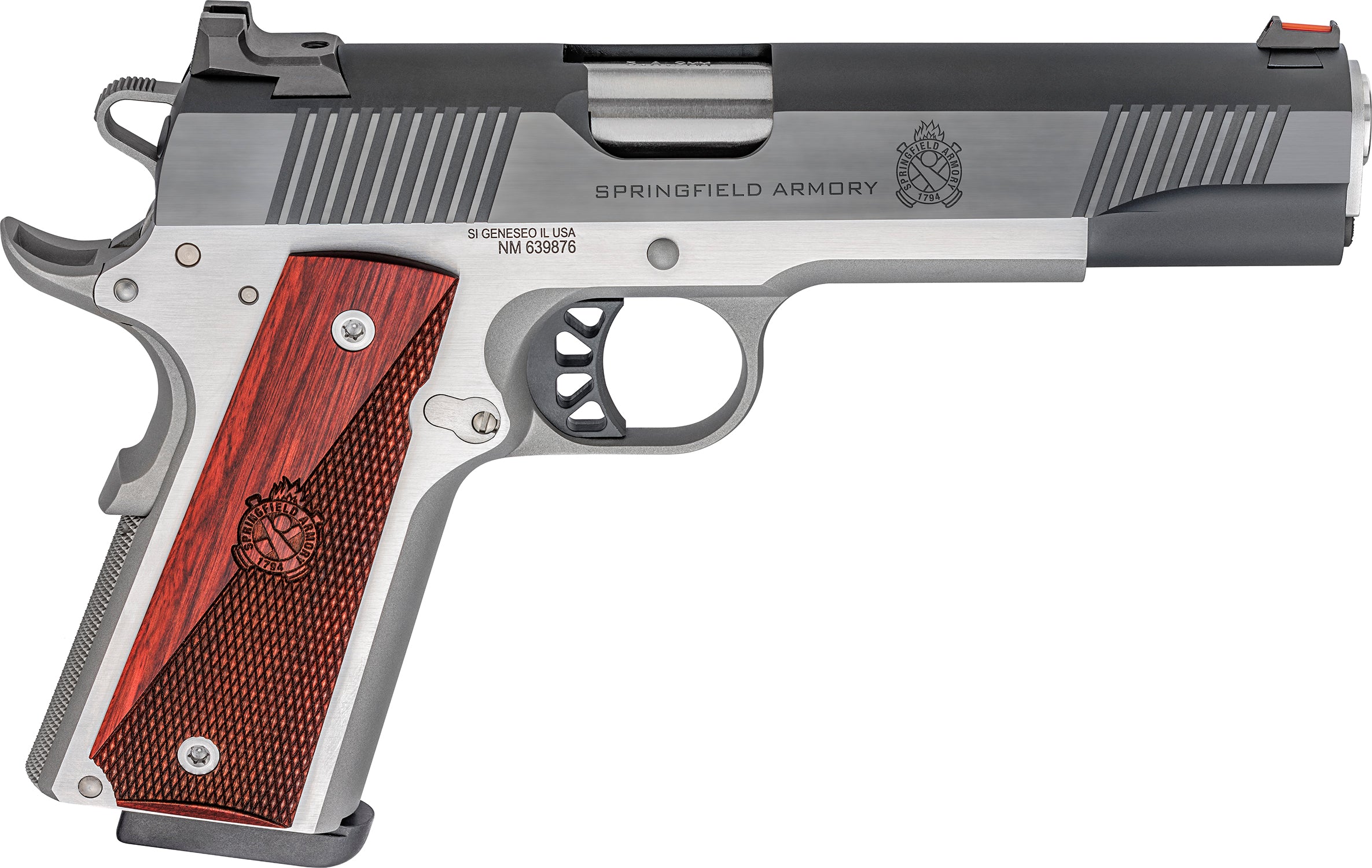 Springfield Armory PX9121L 1911 Ronin 10mm Auto 8+1, 5" Stainless Match Grade Steel Barrel, Blued Serrated Carbon Steel Slide, Stainless Steel Steel Frame w/Beavertail, Crossed Cannon Wood Grip