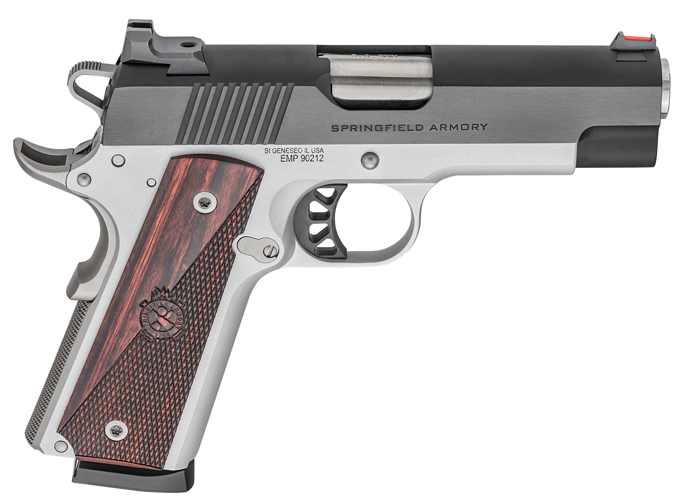 Springfield Armory PX9124L 1911 Ronin EMP 9mm Luger 10+1, 4" Stainless Match Grade Bull Steel Barrel, Blued Serrated Carbon Steel Slide, Satin Cerakote Aluminum Frame w/Beavertail, Textured Wood Grip