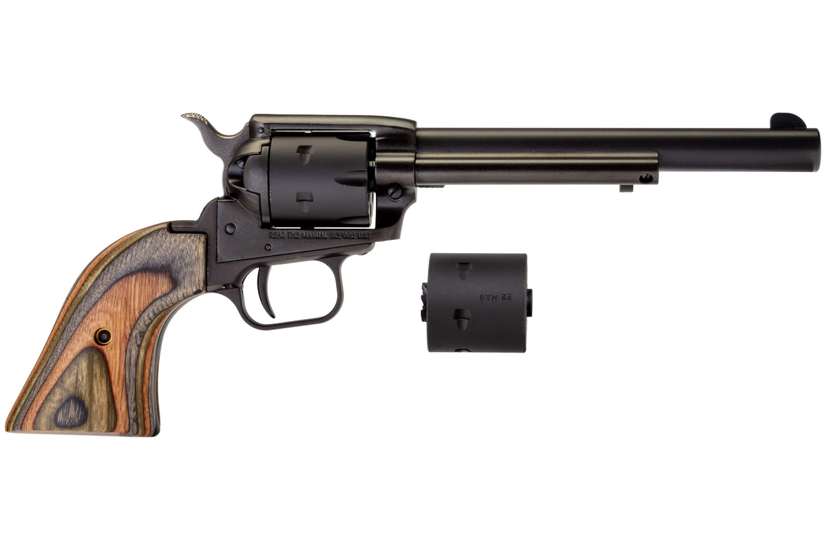 Heritage Mfg RR22MBS6 Rough Rider 22 LR/22 WMR 6 Shot, 6.50" Black Satin Steel Barrel, Black Satin Zinc Alloy Frame, Black Satin Cylinder, Camo Laminate Grip, Exposed Hammer