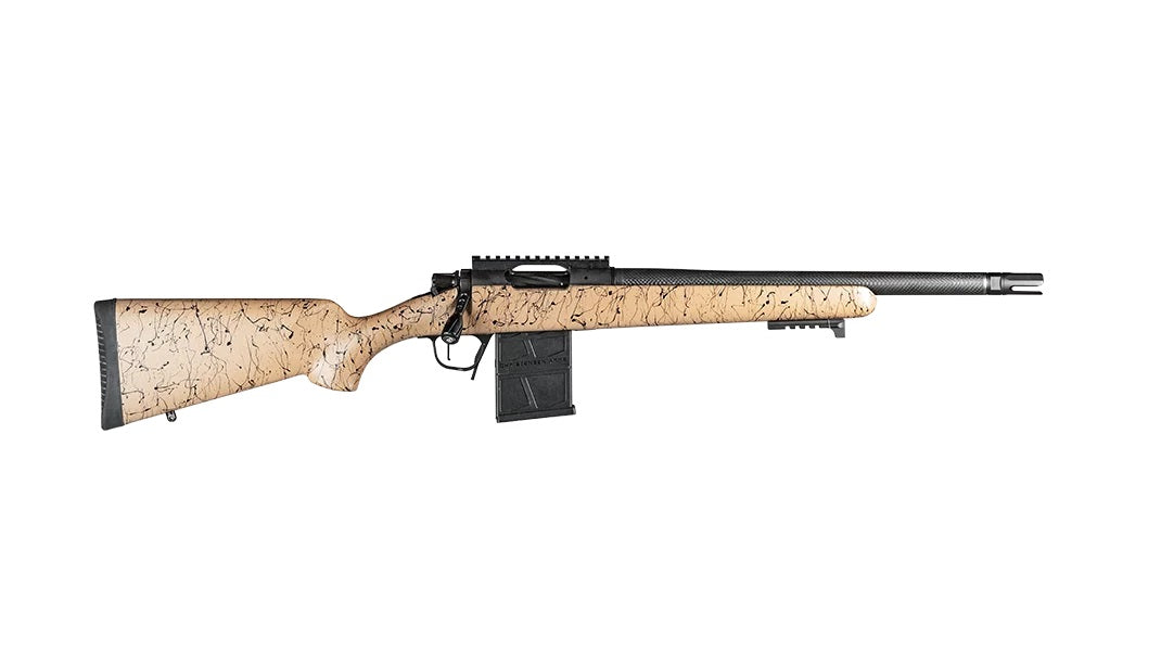 Christensen Arms 8010612200 Ridgeline Scout Full Size 223 Rem 4+1, 16" Black Nitride Steel Threaded Barrel, Black Nitride Aluminum Receiver, Tan w/Black Webbing Fixed Sporter Stock