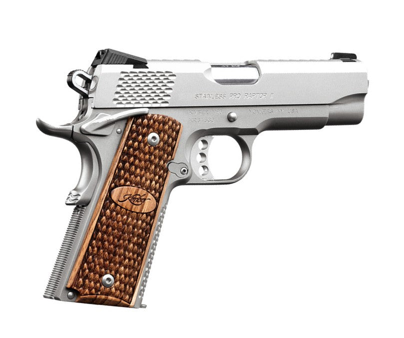 Kimber Mfg.,inc 3200365 Stainless Pro Raptor II 9mm 9+1 4" Stainless Steel Slide Satin Silver Zebrawood w/ Scale Pattern and Kimber Logo Grip