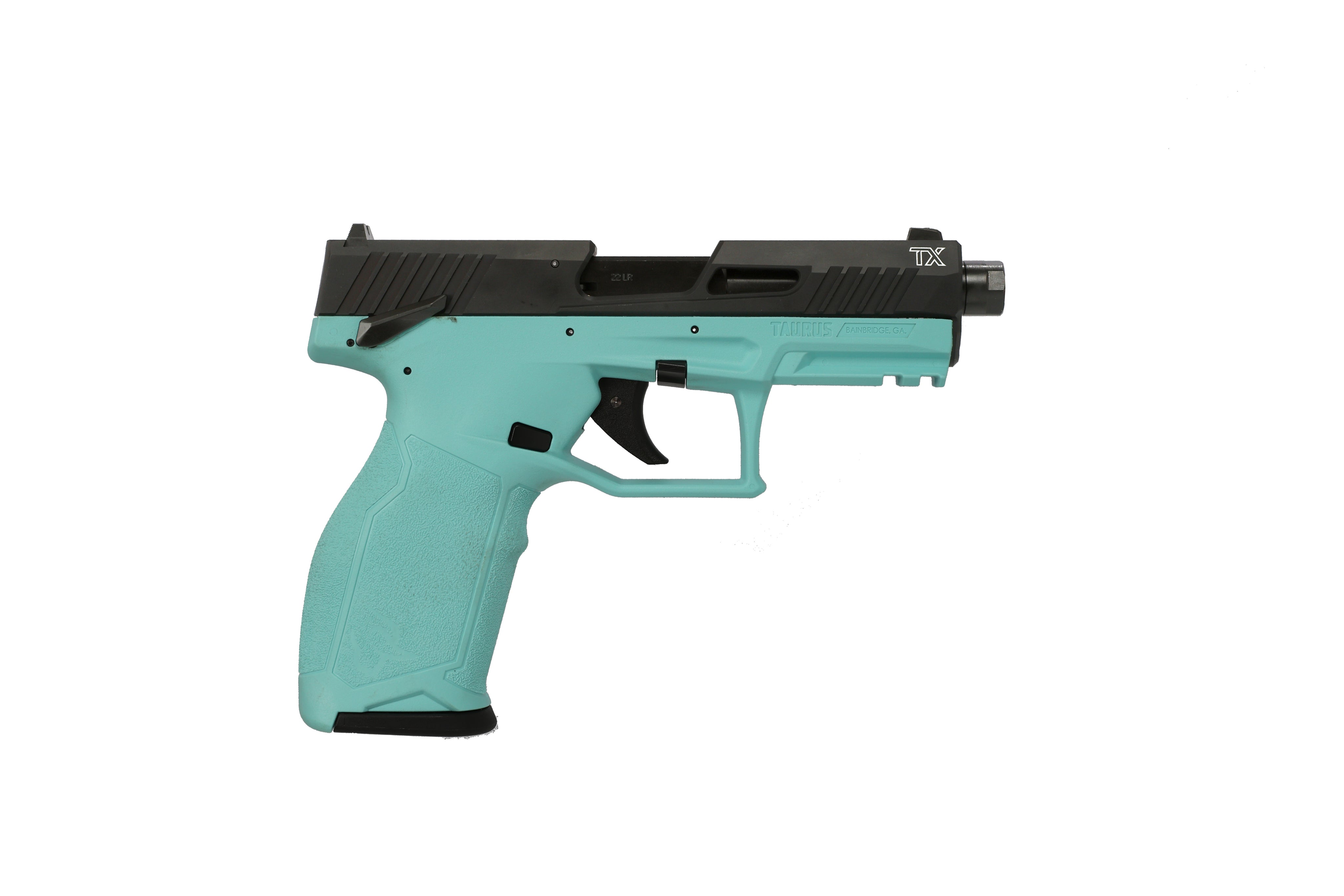 Taurus 1-2TX22141C-10 2TX Full Size Frame 22 LR 10+1 4.60" Matte Black Threaded Barrel, Black Anodized Serrated Slide, Matte Cyan Polymer Frame w/Picatinny Rail, Textured Grip