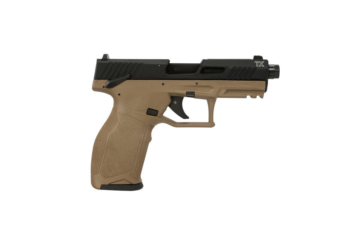 Taurus 1-2TX22141F-10 2TX Full Size Frame 22 LR 10+1 4.60" Matte Black Threaded Barrel, Black Anodized Serrated Slide, Flat Dark Earth Polymer Frame w/Picatinny Rail, Textured Grip