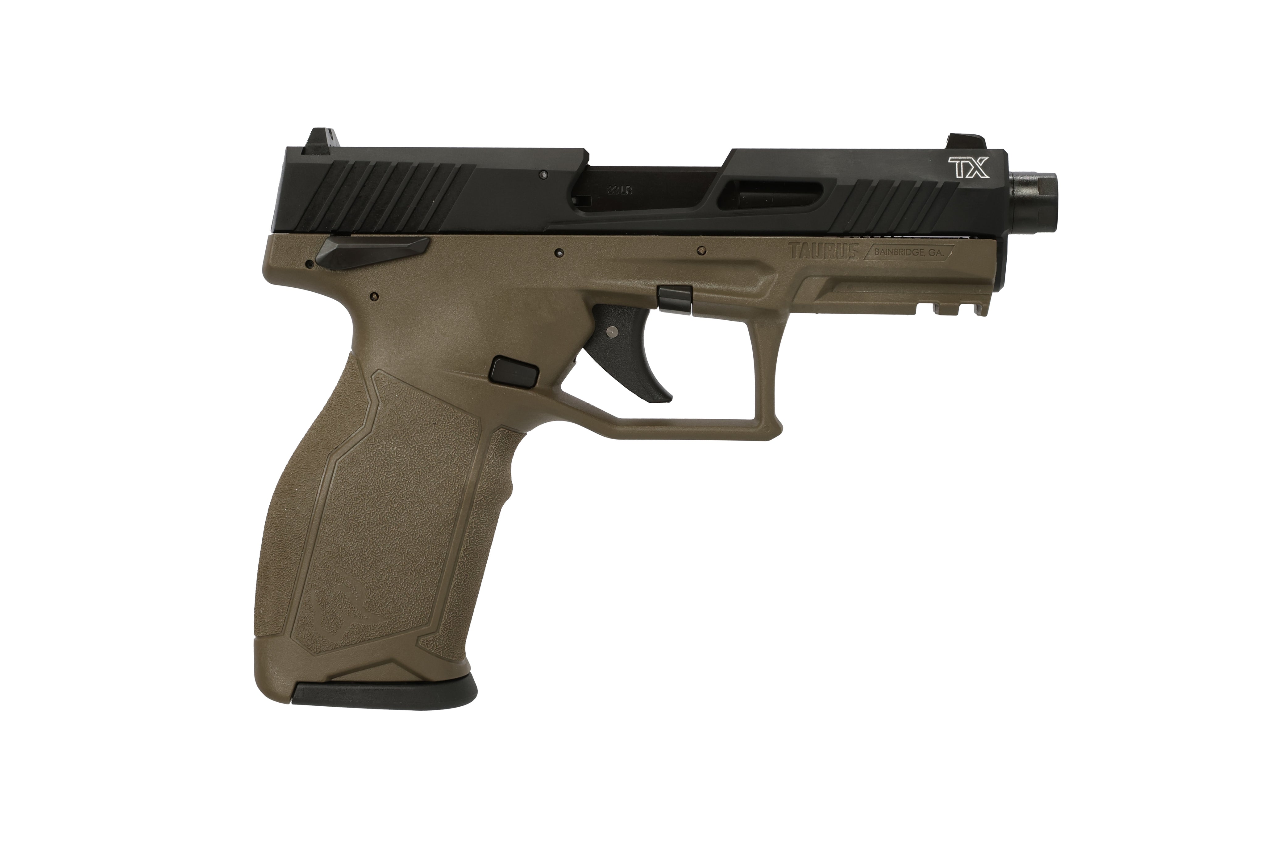 Taurus 1-2TX22141O-10 TX22 22 LR 10+1 4.60" Matte Black Threaded Barrel, Black Hard Coat Anodized Optic Ready/Serrated Slide, OD Green Polymer Frame w/Picatinny Rail, Textured Grip