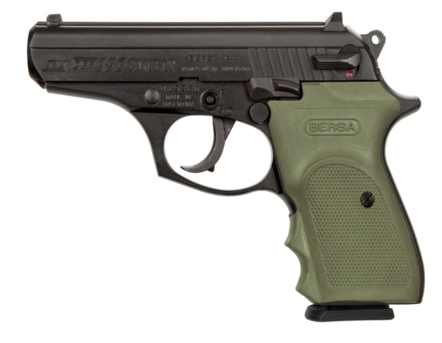 Bersa T380MC Thunder Combat Micro-Compact Frame 380 ACP 8+1, 3.50" Black Steel Barrel, Matte Black Serrated Steel Slide & Aluminum Frame w/Beavertail, Olive Wrap-Around Grip