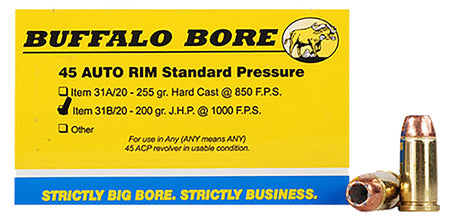 Buffalo Bore Ammunition 31B20 Standard Pressure Strictly Business 45 Auto Rim 200 gr Jacketed Hollow Point (JHP) 20 Per Box/ 12 Cs