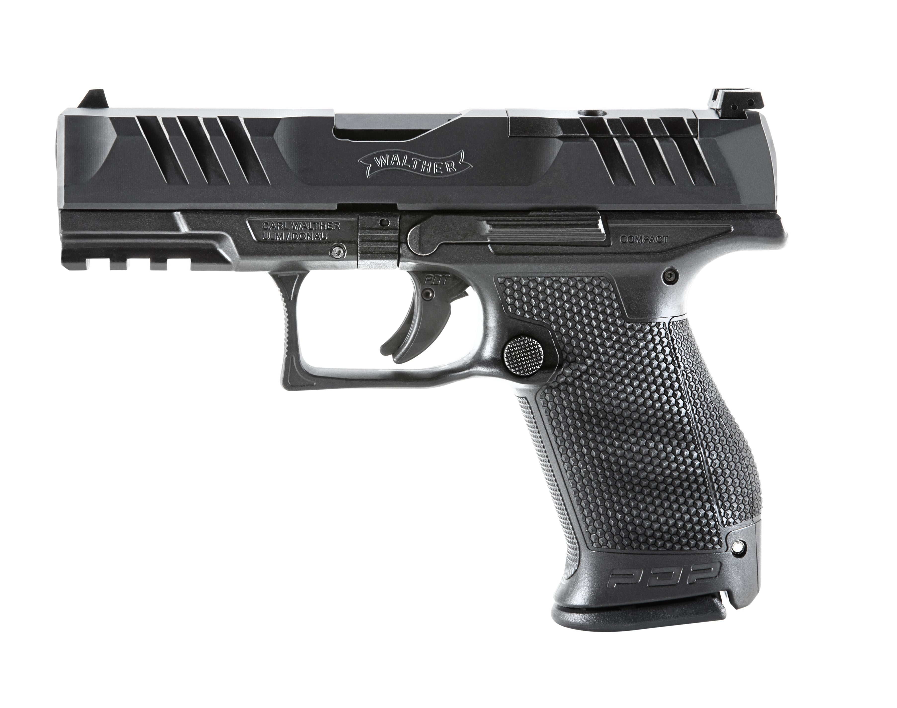 Walther Arms 2854686 PDP Compact Frame 9mm Luger 10+1 4" Black Steel Barrel, Black Optic Ready/Serrated Steel Slide, Black Polymer Frame w/Picatinny Rail, Textured Polymer Grip, Ambidextrous