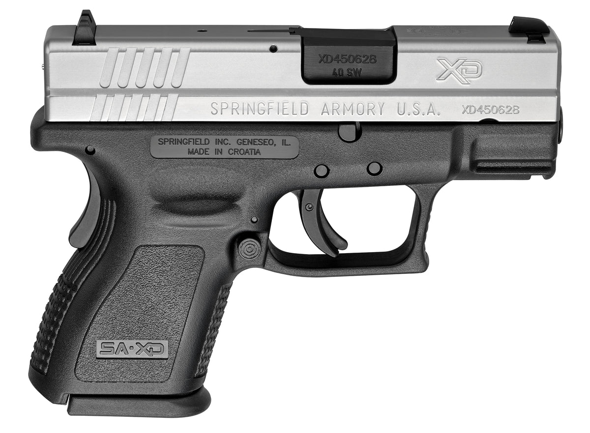 Springfield Armory XD9822 XD *CA Compliant Sub-Compact Frame 40 S&W 9+1, 3" Black Melonite Steel Barrel, Serrated Stainless Steel Slide, Black Polymer Frame w/Picatinny Rail