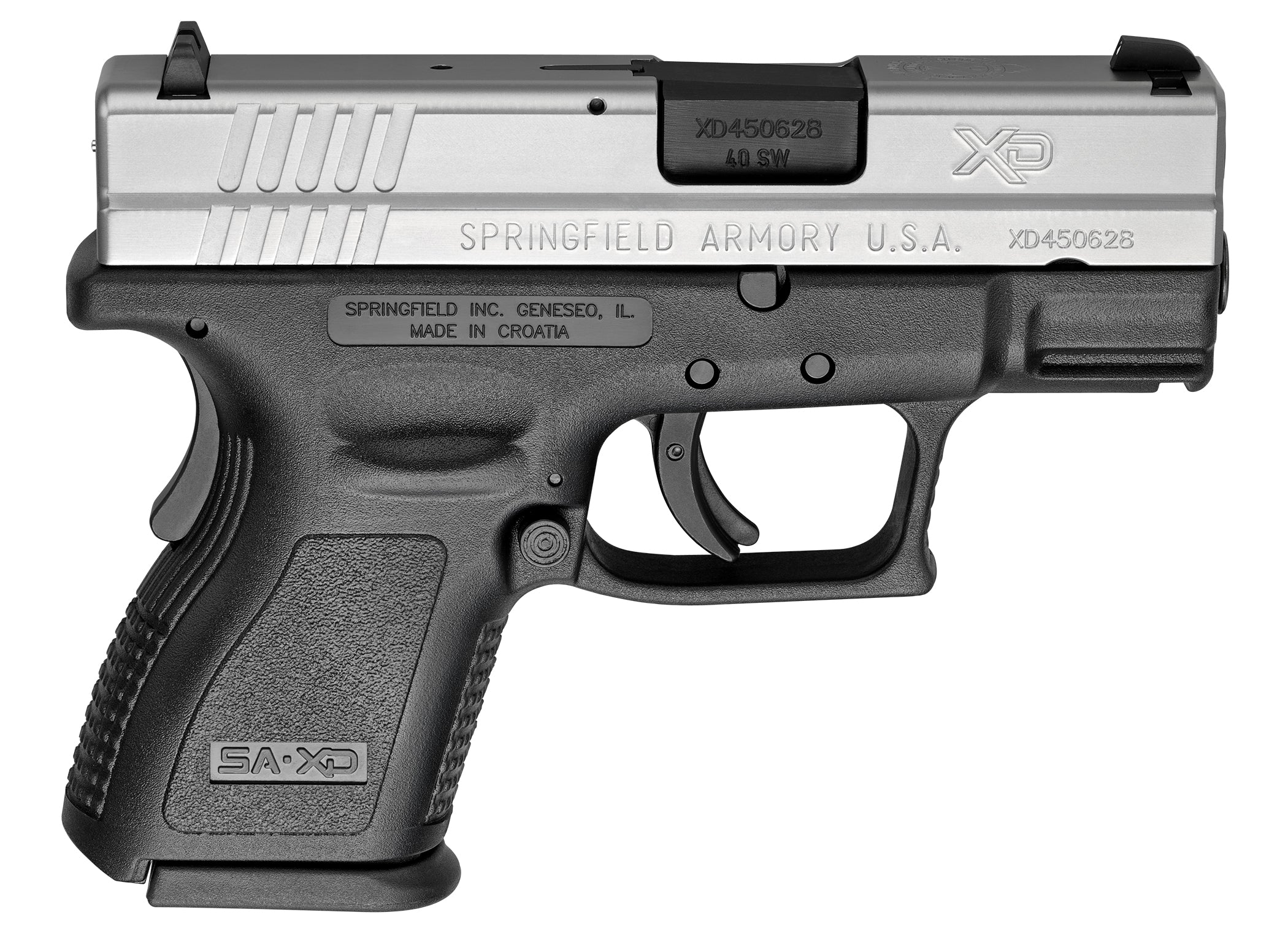 Springfield Armory XD9822 XD *CA Compliant Sub-Compact Frame 40 S&W 9+1, 3" Black Melonite Steel Barrel, Serrated Stainless Steel Slide, Black Polymer Frame w/Picatinny Rail