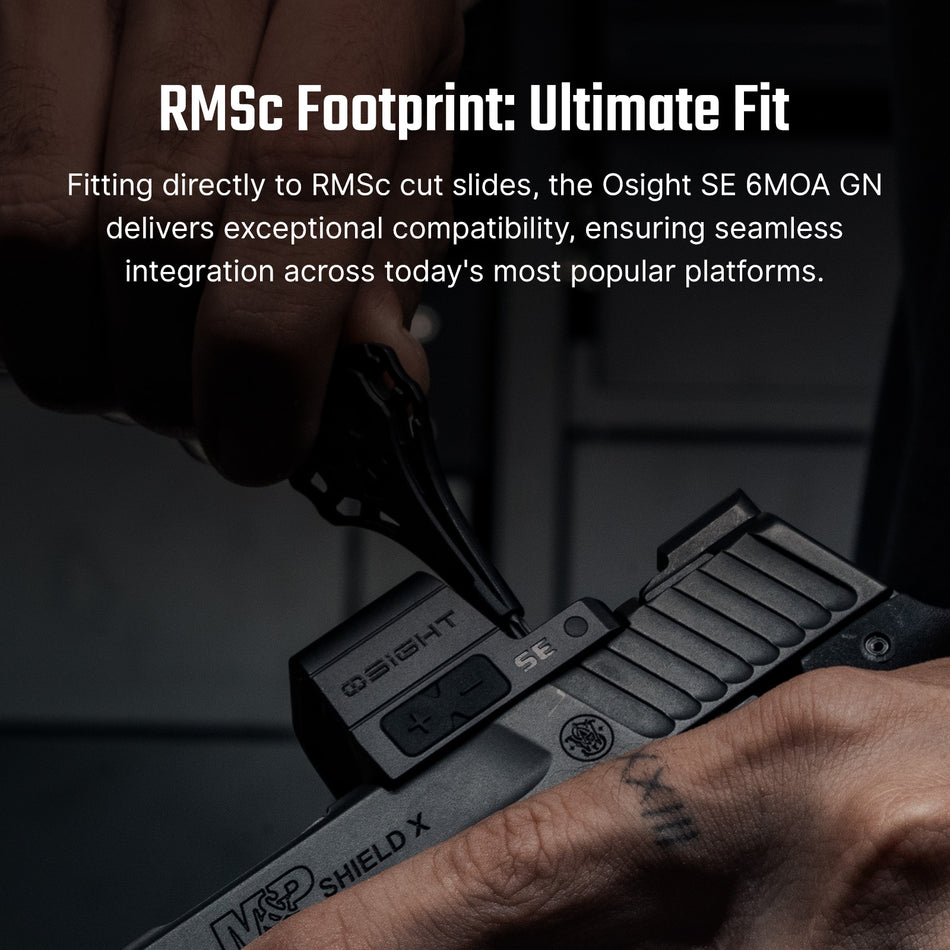 Osight SE Green Dot 6 MOA Enclosed Emitter Optic with RMSc Footprint and Side-Loading Battery
